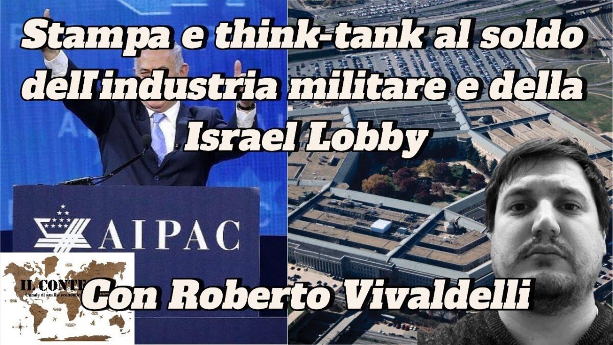 Stampa e think-tank al soldo dell’industria militare e della Israel Lobby Un collage con un oratore sul podio dell'AIPAC, il Pentagono e il ritratto di un uomo, che evidenzia la Lobby di Israele.