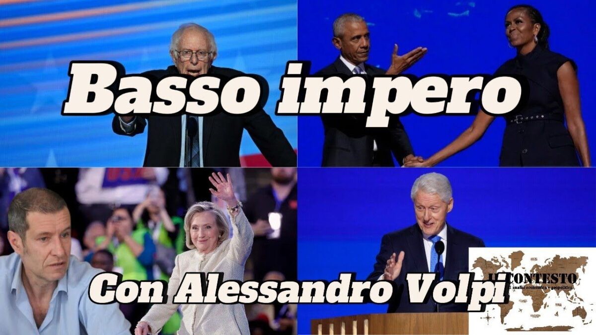 Quattro immagini di politici americani di spicco con sovrapposti Basso impero e Con Alessandro Volpi.