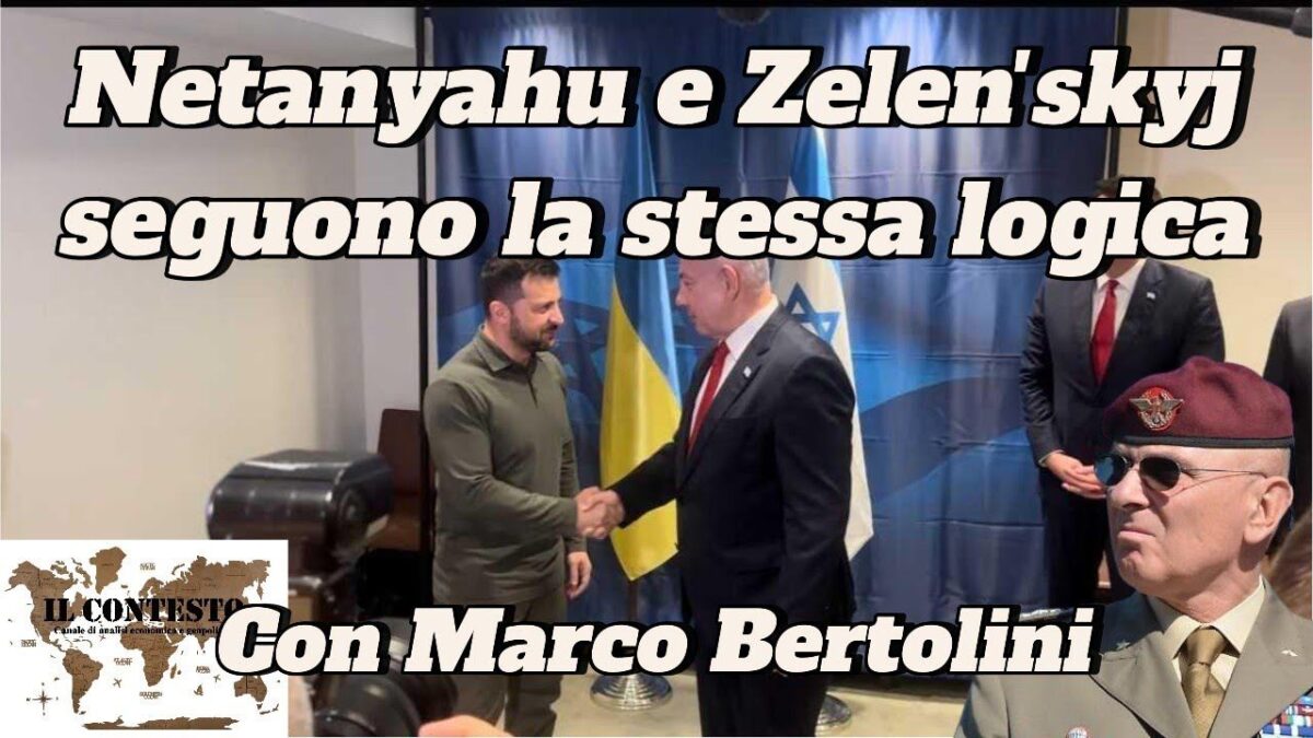 Volodymyr Zelen'skyj e Netanyahu si stringono la mano davanti alle bandiere ucraina e israeliana, presente Marco Bertolini.