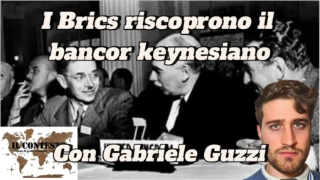 I Brics riscoprono il bancor keynesiano Foto in bianco e nero di uomini che discutono di BRICS e bancor keynesiano, con una foto frontale di Gabriele Guzzi.