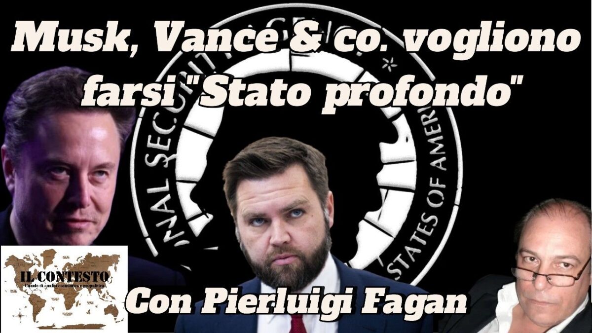 Musk, Vance & co. vogliono farsi “Stato profondo” Tre uomini in giacca e cravatta si trovano davanti a un sigillo della National Security Agency, con riferimenti allo Stato profondo in tutta l'immagine.