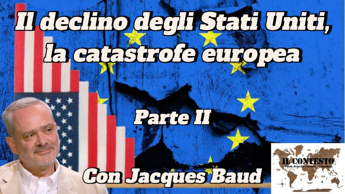 Una bandiera dell'UE spezzata, una bandiera degli Stati Uniti e il ritratto di un uomo mostrano il declino degli Stati Uniti e la catastrofe europea.