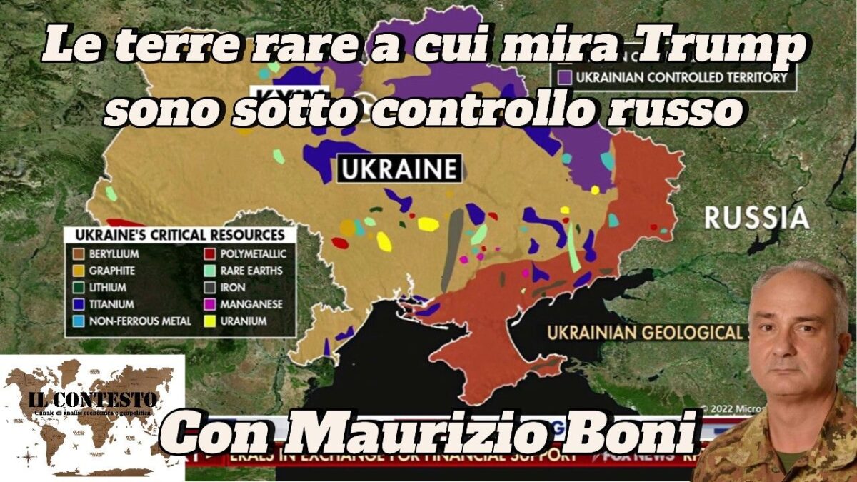 Le terre rare a cui mira Trump sono sotto controllo russo Mappa dell'Ucraina che mostra le terre rare, i territori evidenziati e un uomo in tenuta militare nell'angolo.