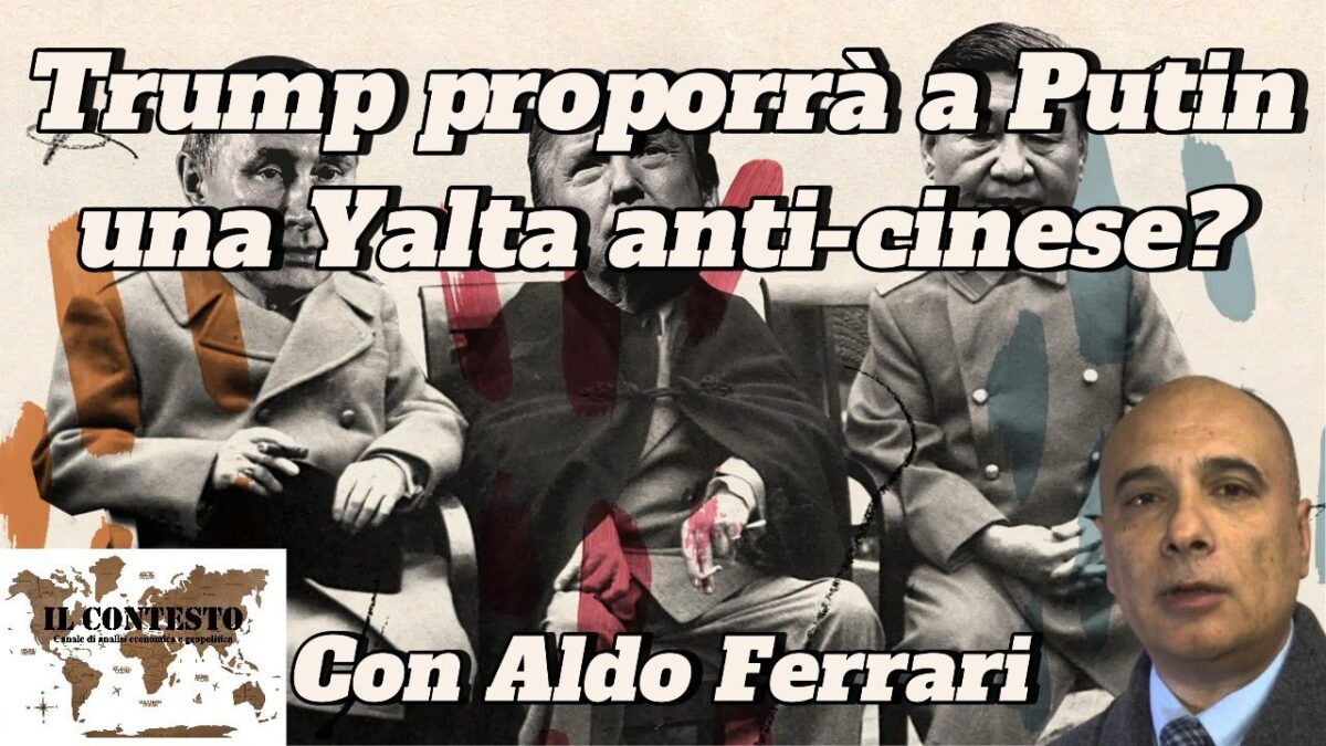 Tre leader storici siedono insieme in una foto in bianco e nero con Trump, Putin e un tema anti-cinese di Yalta.
