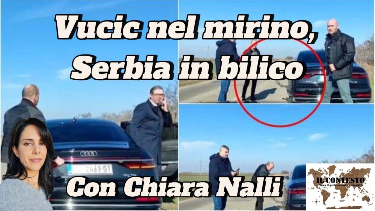 Vučić nel mirino, Serbia in bilico Quattro foto mostrano uomini accanto a un'auto nera su una strada, con la menzione della Serbia Vučić, e il ritratto di una donna.