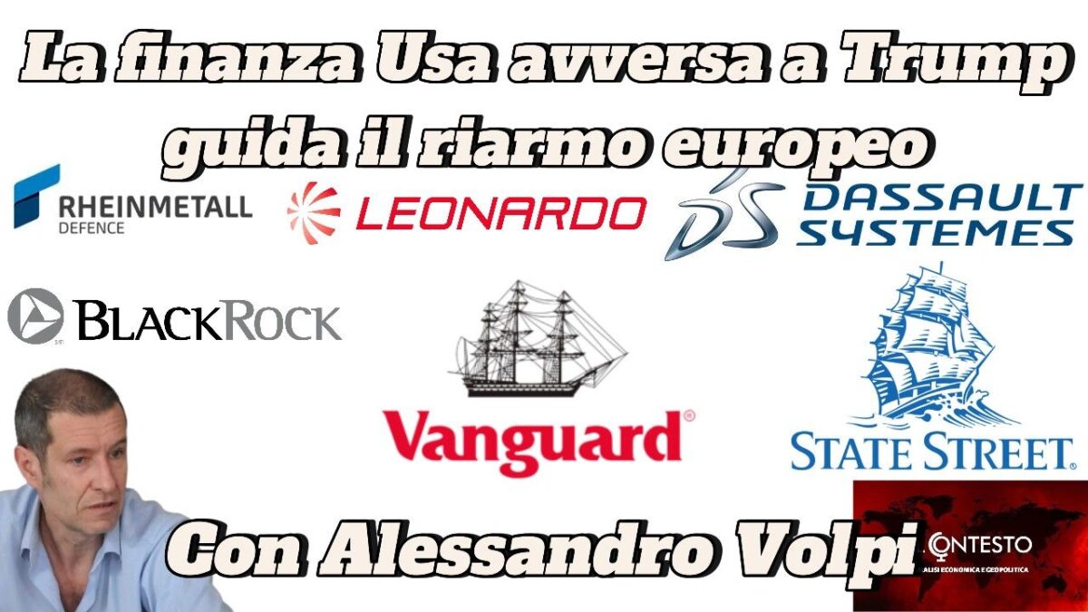 Loghi di società finanziarie e di difesa, una foto di un uomo con Alessandro Volpi, che evidenzia il riarmo europeo.