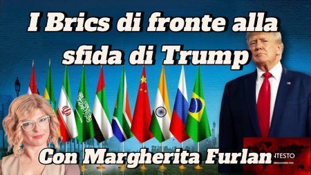 I Brics di fronte alla sifda di Trump Un collage con Margherita Furlan, Trump, le bandiere dei Paesi BRICS e l'italiano sulla sfida BRICS contro Trump.