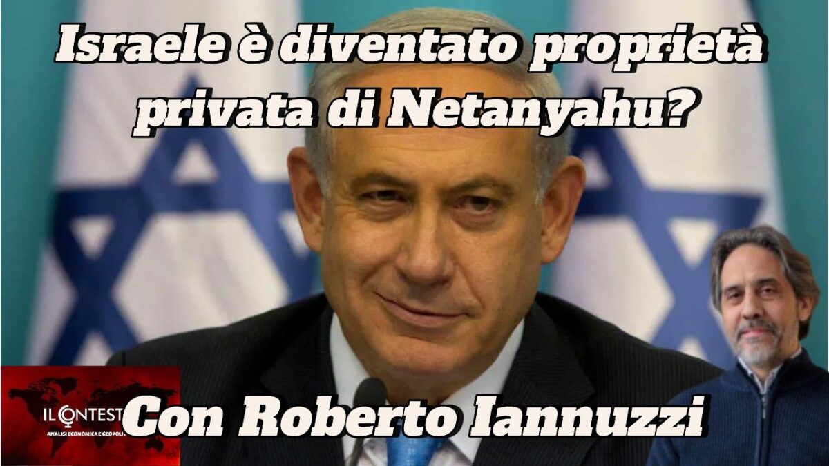 Benjamin Netanyahu davanti alle bandiere israeliane che si chiede se Israele sia diventato proprietà privata di Netanyahu con Roberto Iannuzzi.