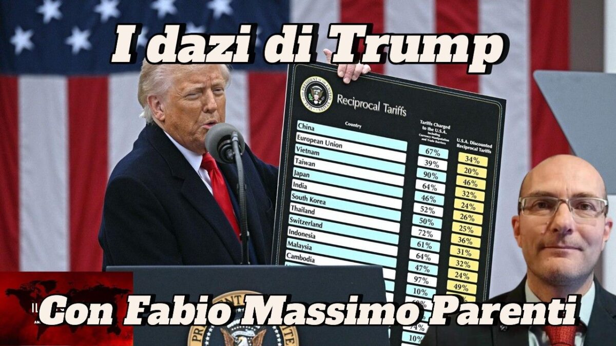 Donald Trump tiene in mano una tabella tariffaria che evidenzia i dazi di Trump, con la foto di Fabio Massimo Parentis a lato.