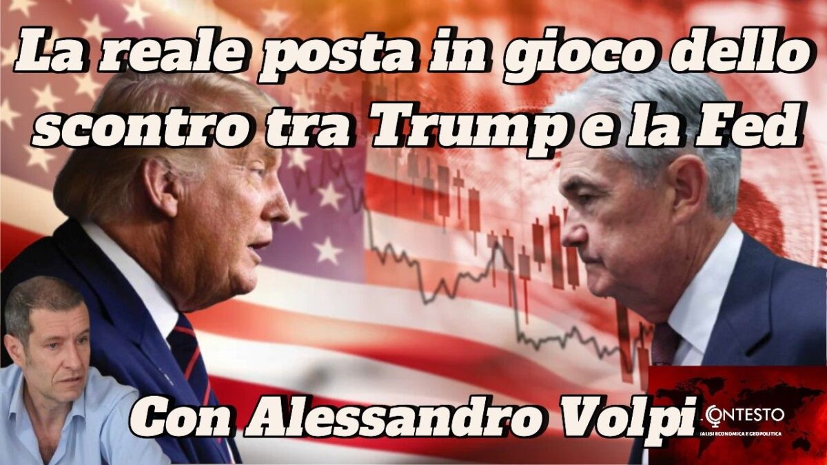 La reale posta in gioco dello scontro tra Trump e la Fed Donald Trump affronta Jerome Powell con una bandiera statunitense e un grafico azionario, evidenziando il loro scontro con la Fed.
