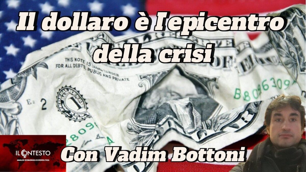 Una banconota di dollaro statunitense strappata su una bandiera americana, che sottolinea come il dollaro sia l'epicentro della crisi.