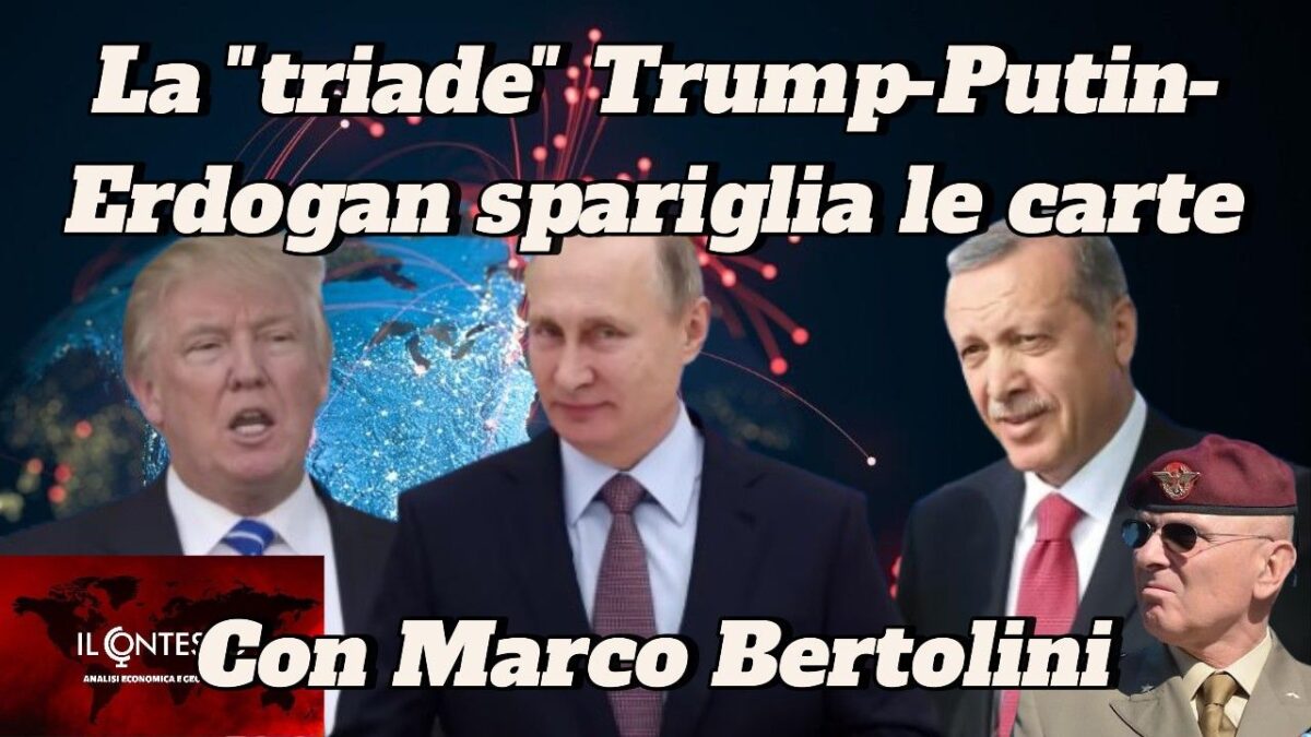 Donald Trump, Vladimir Putin e Recep Tayyip Erdoğan appaiono con un uomo in uniforme, suggerendo un'alleanza.