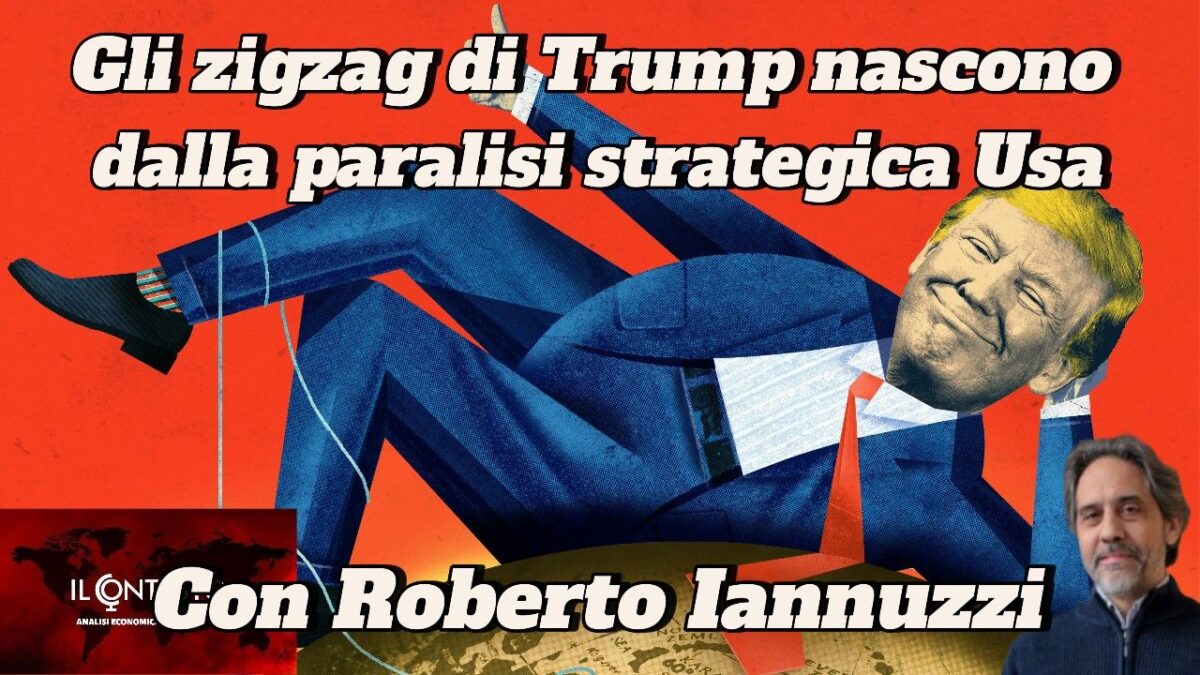 Illustrazione di Trump sdraiato, con riferimento agli Stati Uniti e alla paralisi strategica, con Roberto Iannuzzi nell'angolo.