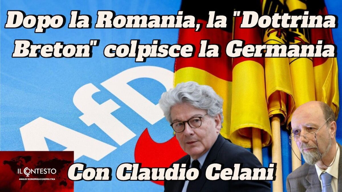 Immagini italiane di due uomini, logo AfD e bandiere tedesche, con riferimento alla Germania e alla Dottrina Breton.