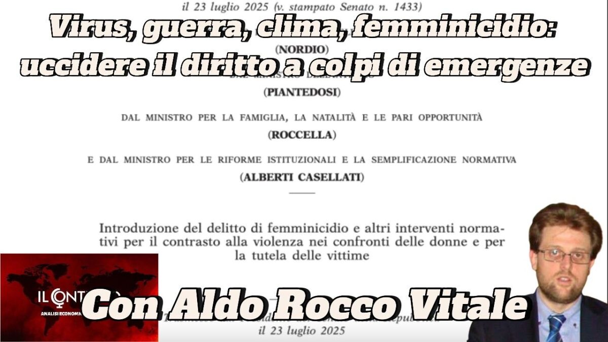 Una grafica di notizie con Aldo Rocco Vitale e un testo in italiano sulle emergenze come le epidemie di virus e la guerra che impattano sui diritti legali.