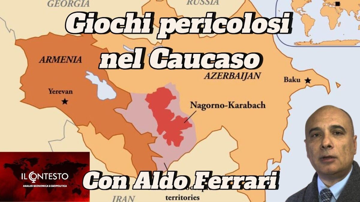 Mappa della regione del Caucaso con evidenziato il Nagorno-Karabakh e il ritratto di un uomo in basso a destra, giochi pericolosi.