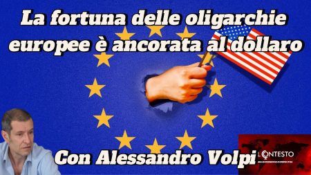 Un pugno che regge una bandiera degli Stati Uniti sfonda una bandiera dell'Unione Europea, evidenziando l'oligarchia europea e il potere del dollaro.