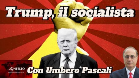 Trump, il socialista Donald Trump e un altro uomo si trovano davanti a un pugno alzato e a uno sfondo rosso, con riferimenti agli ideali socialisti.