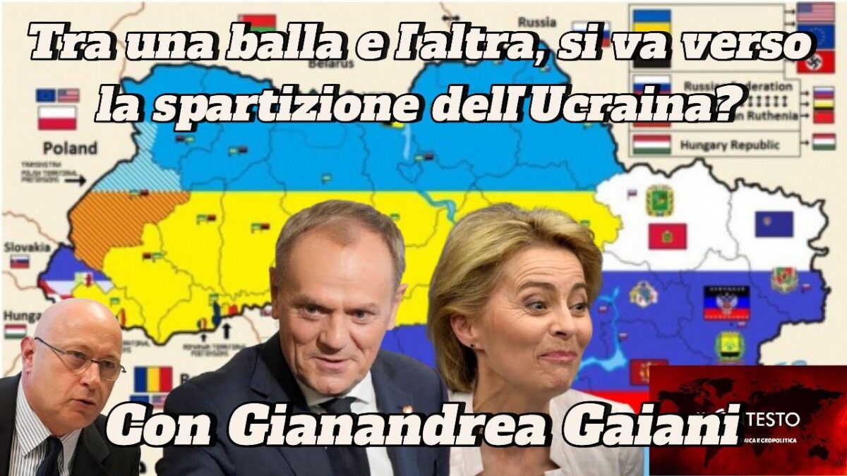 Una mappa dell'Ucraina mostra i politici europei e interroga la spartizione dell'Ucraina.