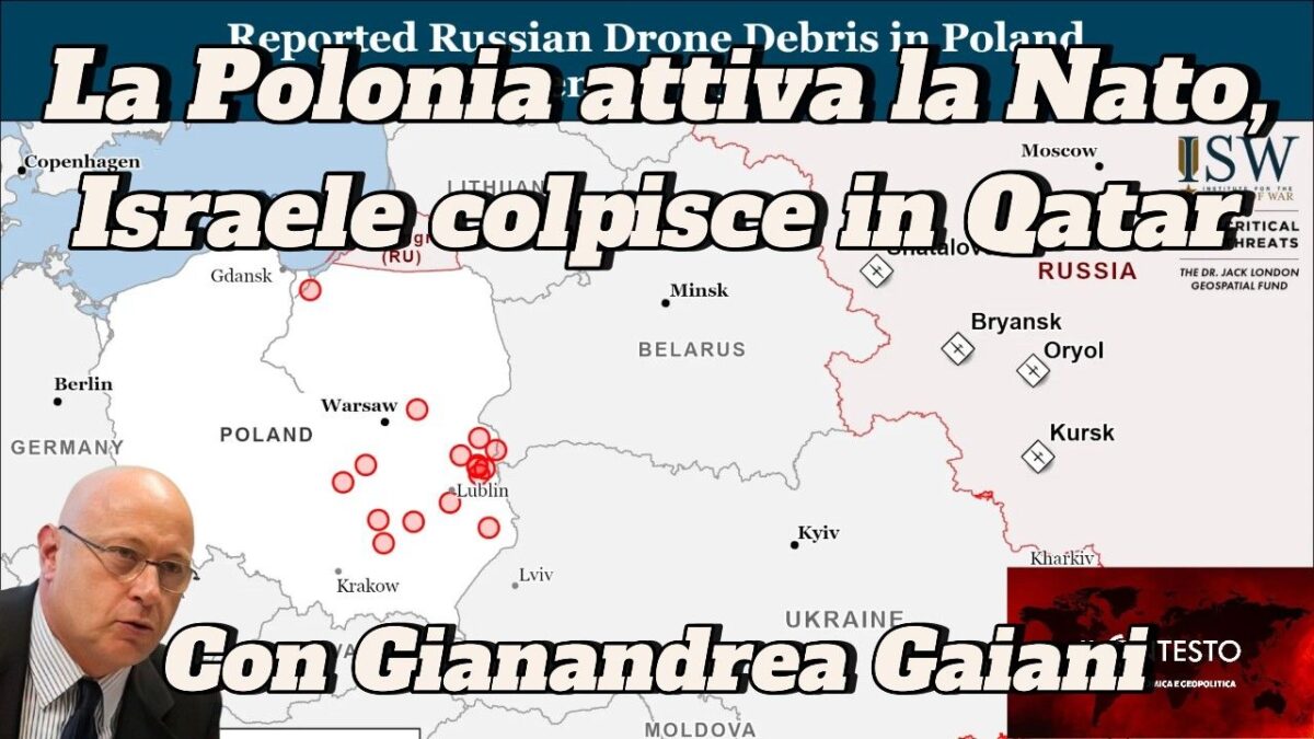 La mappa mostra i siti di detriti di droni russi in Polonia, con note sui colloqui tra Nato e Israele in Qatar.