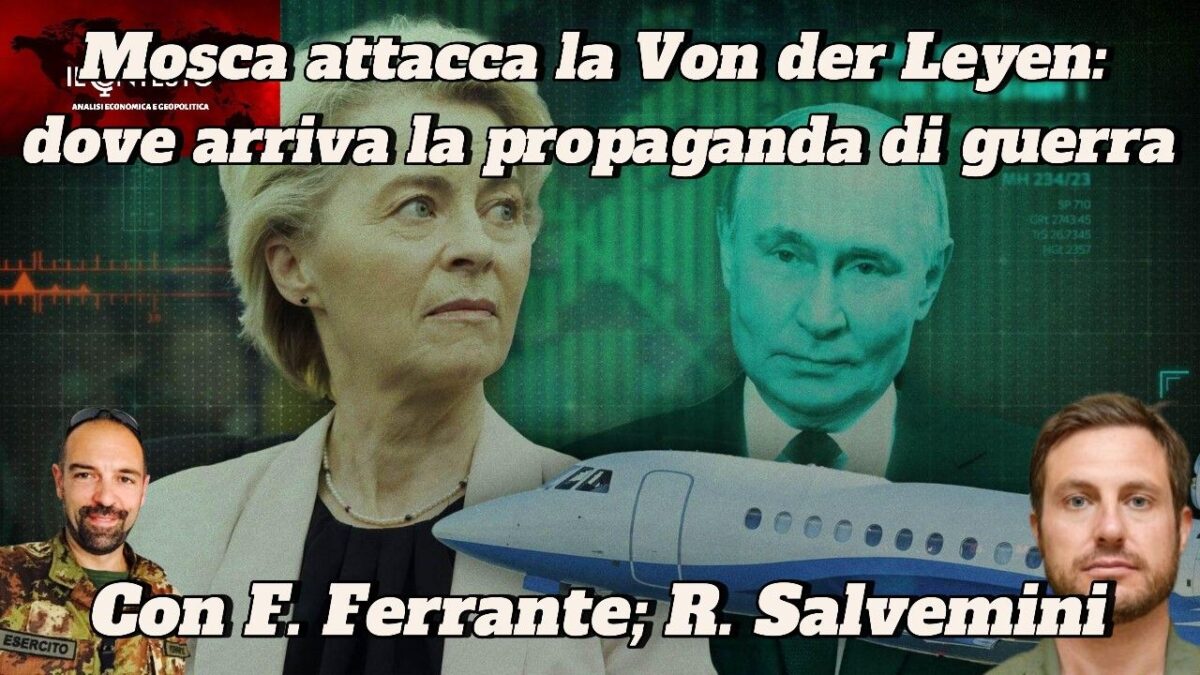 Mosca attacca la Von der Leyen: dove arriva la propaganda di guerra Ursula von der Leyen e Vladimir Putin appaiono con due uomini, una figura militare e un aereo a Mosca.