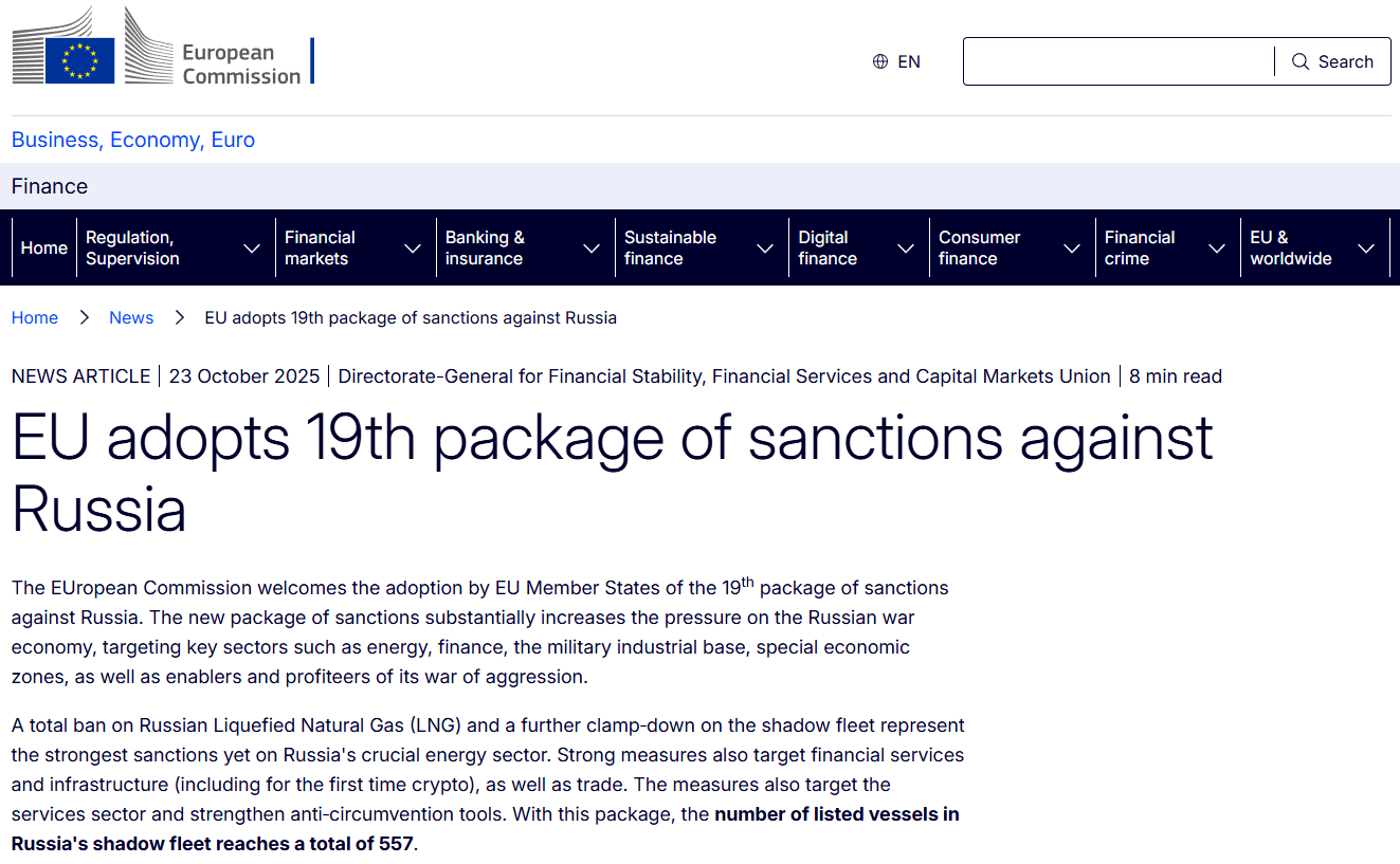 Il 19° pacchetto di sanzioni