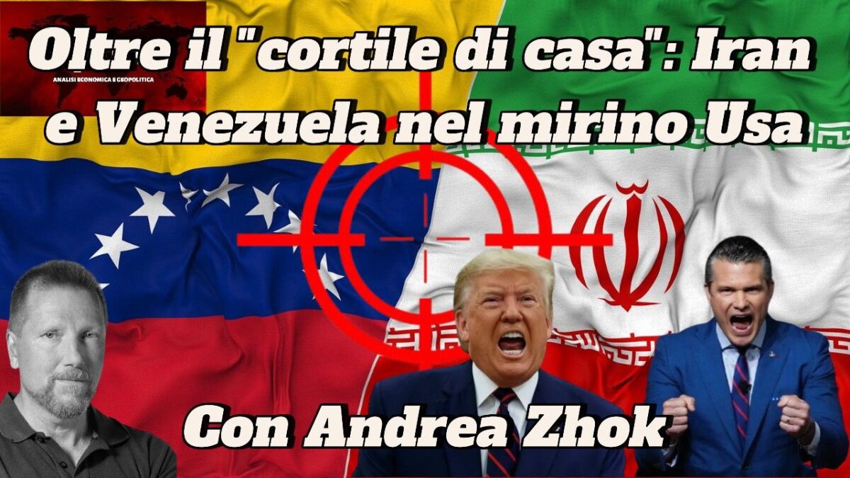Bandiere di Stati Uniti, Iran e Venezuela con tre uomini, tra cui Donald Trump, e un mirino rosso al centro.
