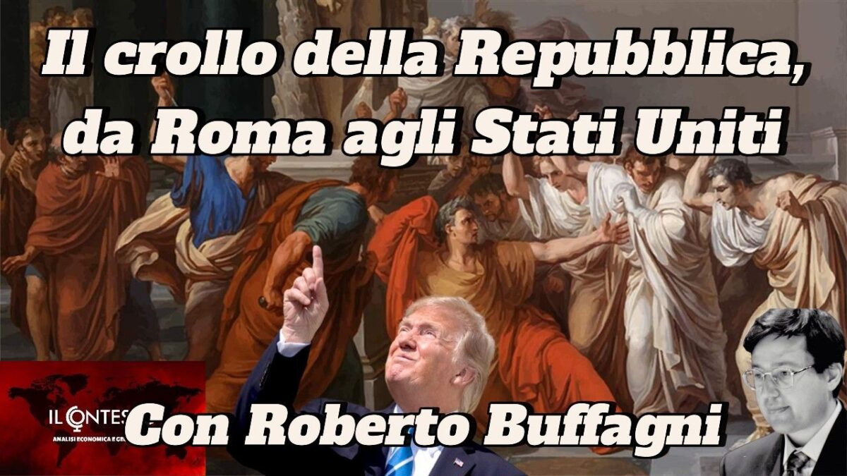 Un dipinto classico con Donald Trump e il ritratto di un uomo, con Il crollo della Repubblica da Roma agli Stati Uniti.