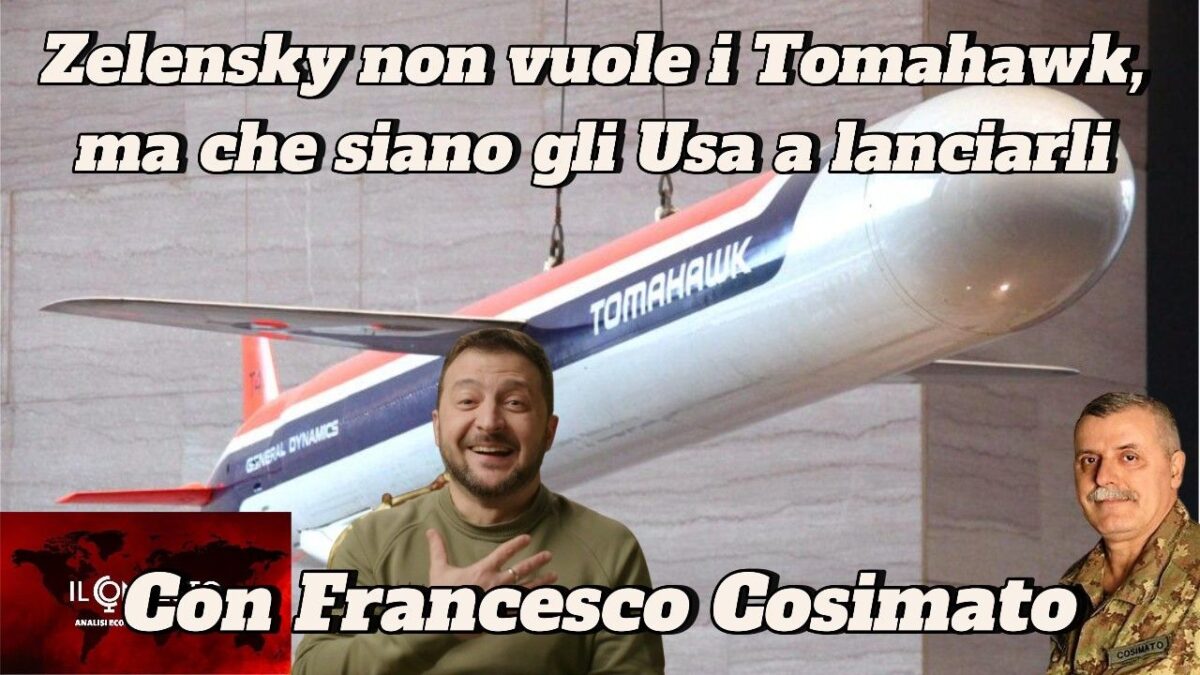 Un missile Tomahawk esposto con immagini di due uomini e riferimenti a Zelensky e al coinvolgimento degli Stati Uniti.