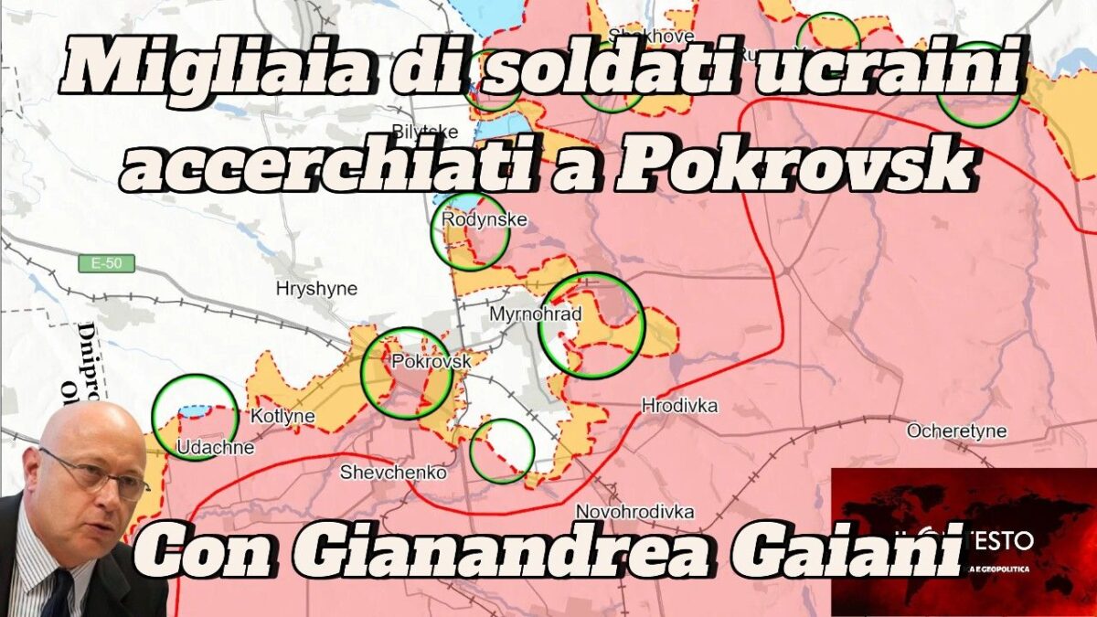 Una mappa di località vicino a Pokrovsk con il ritratto di un uomo in basso a sinistra, che mostra che le forze armate russe continuano a registrare progressi particolarmente significativi.