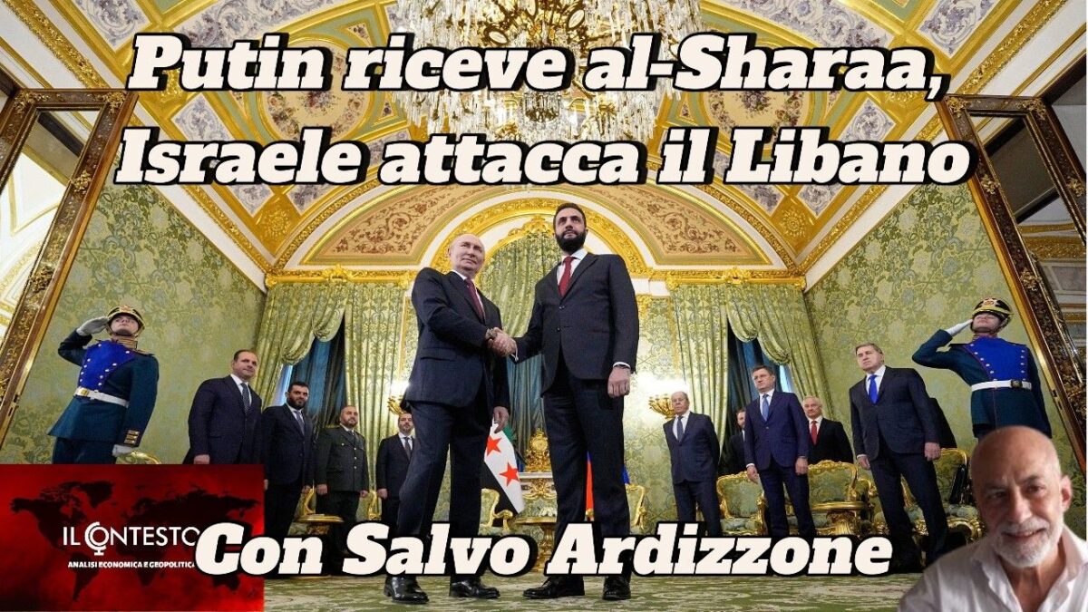 Putin stringe la mano ad Al-Sharaa in una sala ornata mentre i funzionari guardano; il titolo cita il conflitto tra Israele e Libano.