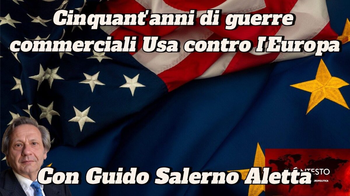 Cinquant’anni di guerre commerciali statunitensi contro l’Europa Le bandiere degli Stati Uniti e dell'Unione Europea si sovrappongono, evidenziando cinquant'anni di guerra commerciale tra Stati Uniti ed Europa con Guido Salerno Aletta.