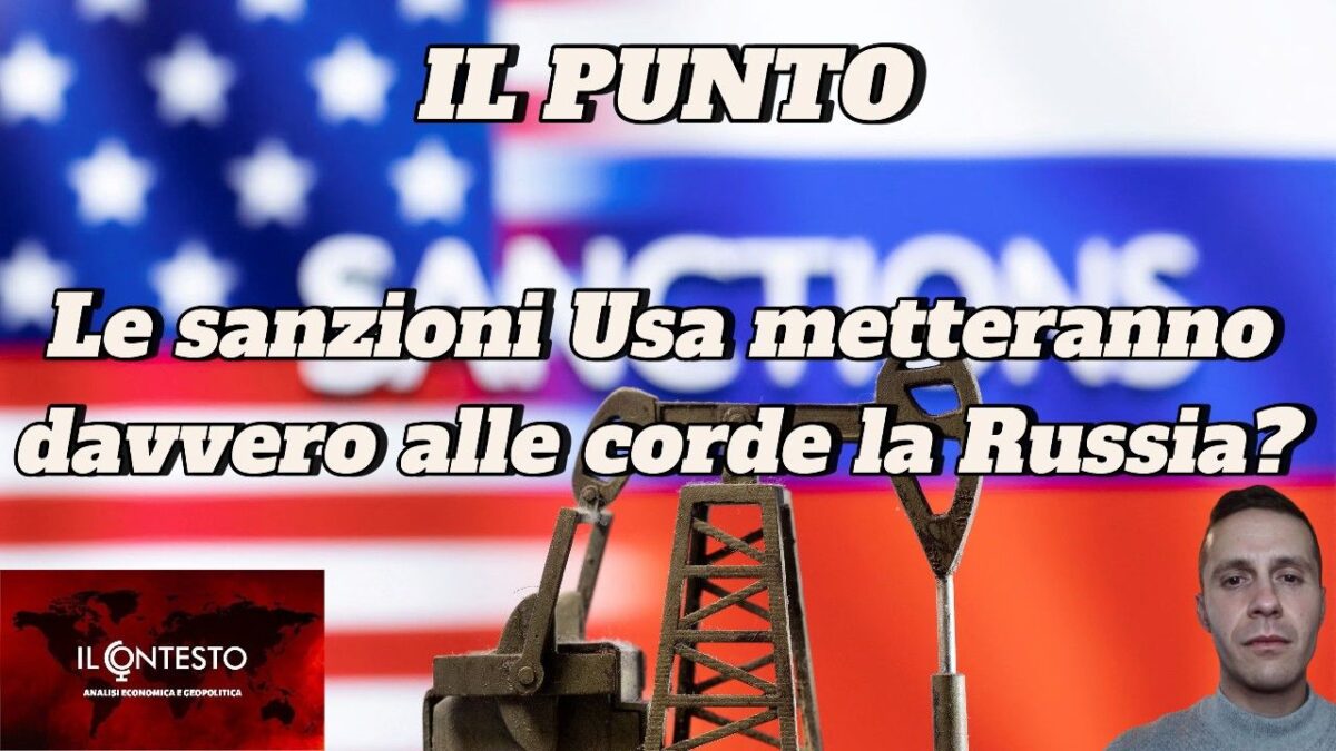 Le sanzioni statunitensi isoleranno davvero la Russia? Piattaforme petrolifere e una bandiera statunitense fanno da sfondo a questa domanda puntuale.