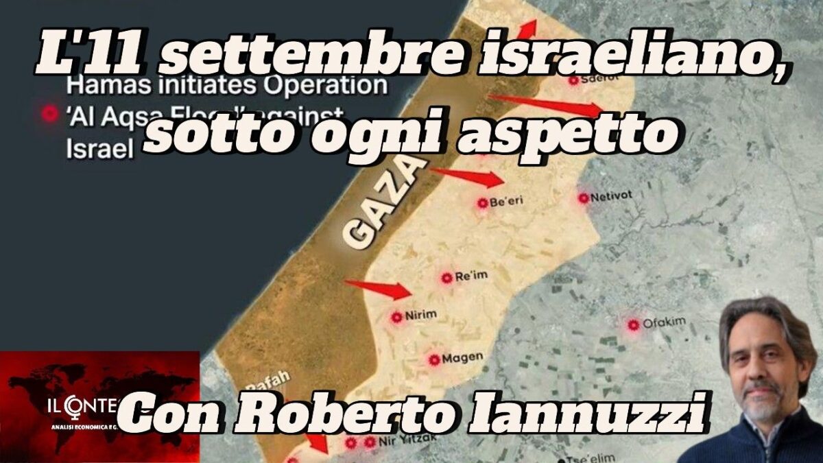 Una mappa di Gaza con frecce verso Israele e il ritratto di un uomo nell'angolo in basso a destra, con riferimento all'11 settembre israeliano.