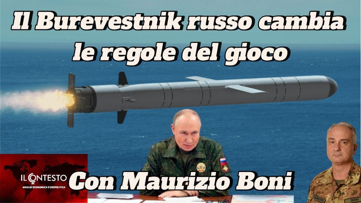 Il Burevestnik russo cambia le regole del gioco Un missile russo in volo, forse un Iskander modificato, con due uomini in uniforme militare raffigurati sotto.