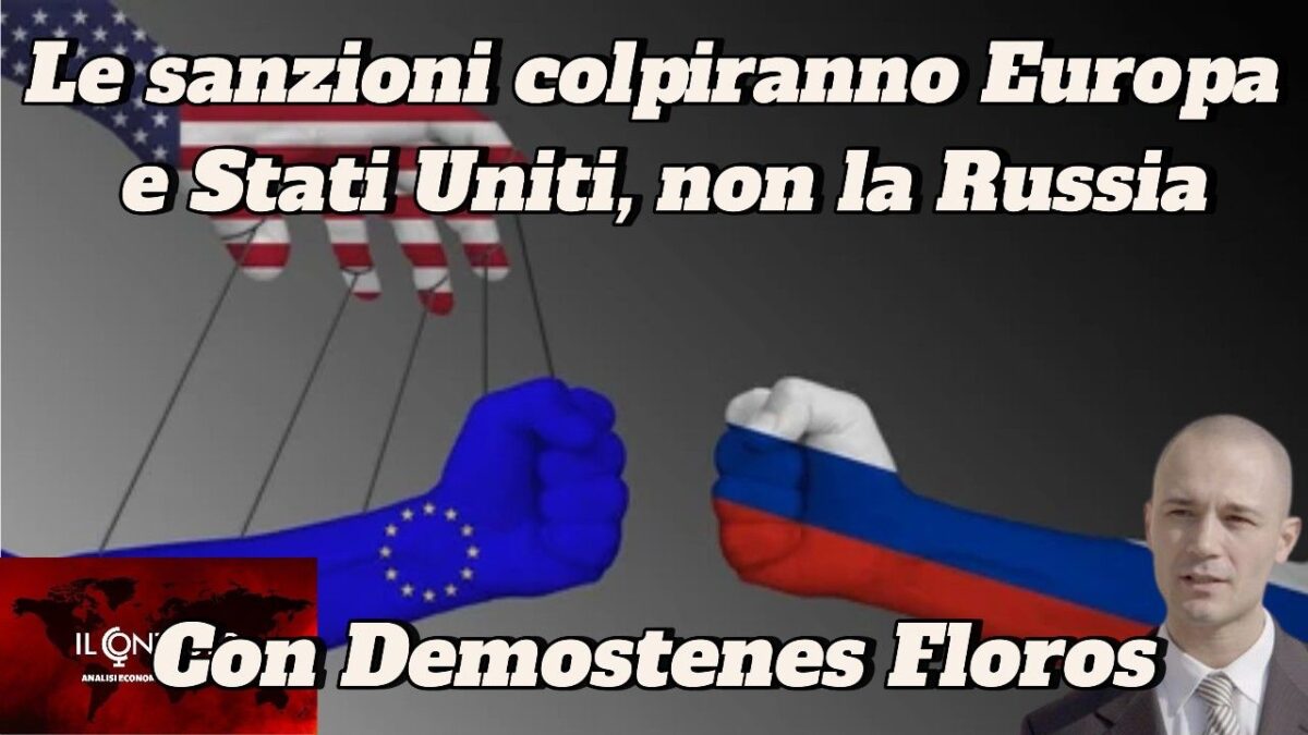 Un pugno con la bandiera dell'UE si scontra con un pugno con la bandiera russa; mano statunitense in alto; sanzioni contro la Russia in basso.