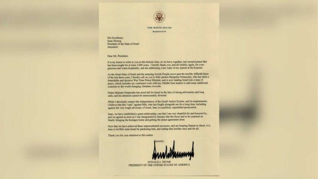 Perché Trump chiede la grazia per Netanyahu? 1 La lettera inviata da Trump a Herzog per chiedere la concessione della grazia per Netanyahu.