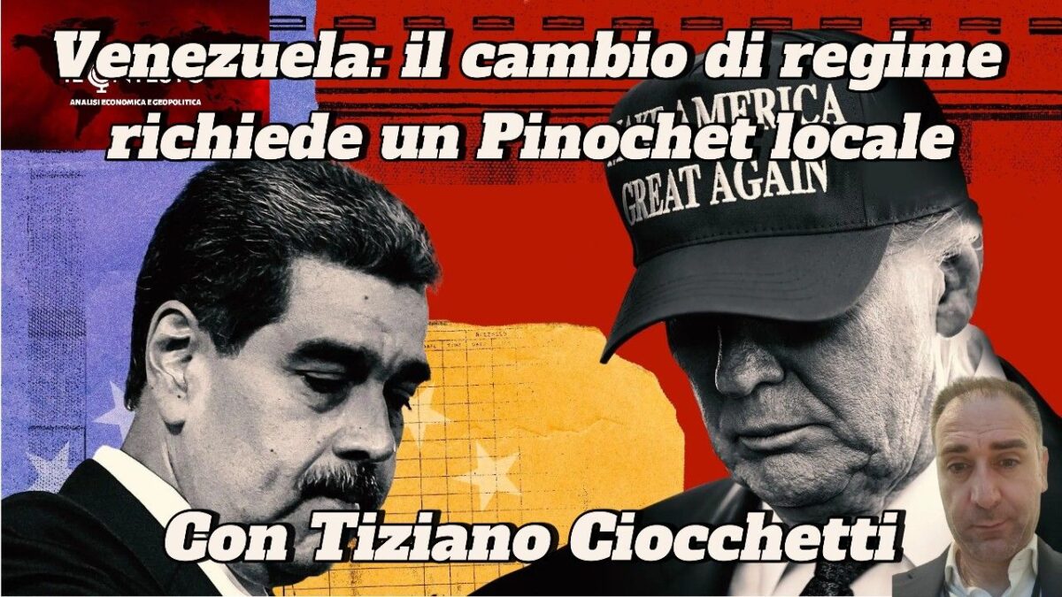 Due uomini, uno in giacca e cravatta e l'altro con un cappellino Make America Great Again, con un testo in grassetto sul Venezuela.