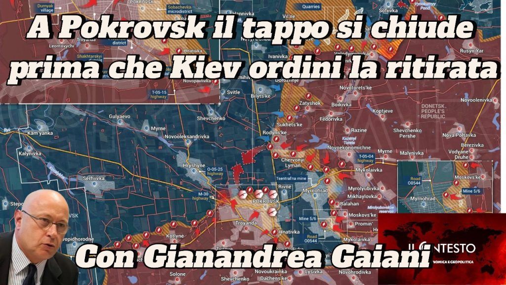 Mappa delle linee del fronte in Ucraina con testo italiano su Pokrovsk, con un uomo con gli occhiali e il logo del Contesto.