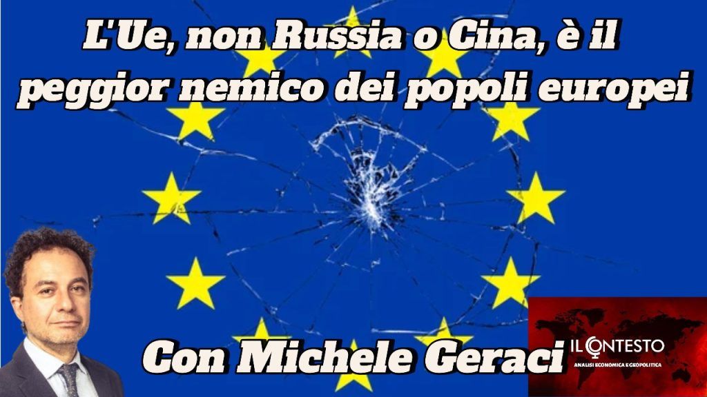 Titolo su una bandiera europea spaccata: LUe... è il peggior nemico dei popoli europei. Nella foto Michele Geraci.