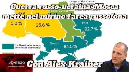 Mappa che mostra il dominio della lingua russa in Ucraina per regione durante la guerra russo-ucraina, con un uomo che parla in un angolo.