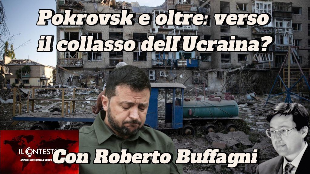 Un uomo preoccupato davanti a edifici distrutti dalla guerra, un testo italiano parla del crollo di Ucraina e di Roberto Buffagni.