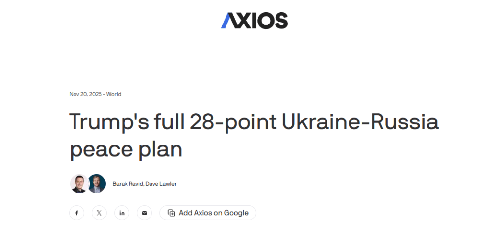 «Axios» presenta il piano da 28 punti predisposto dall'amministrazione Trump.