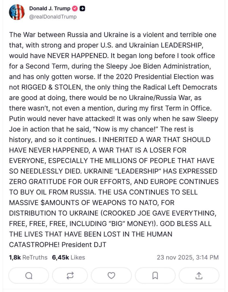  dal presidente Trump sul suo profilo Truth in cui si parla della 