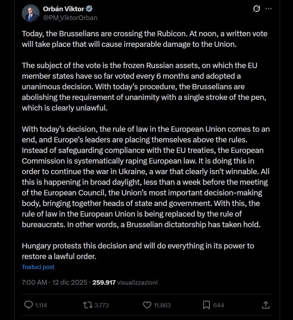 Il post di Viktor Orban.