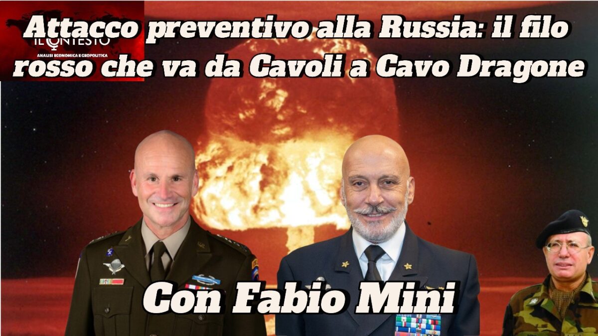 Tre ufficiali militari, tra cui Dragone, si trovano davanti a uno sfondo di esplosione nucleare per un attacco preventivo alla Russia.
