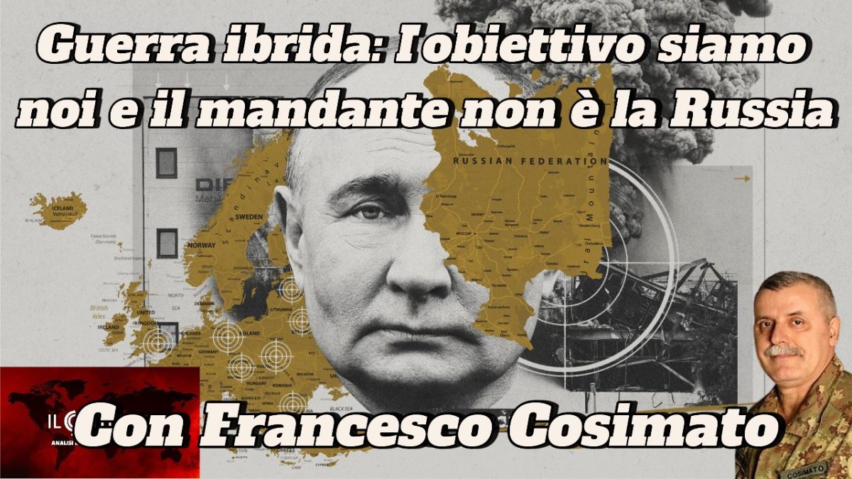 Immagine in scala di grigi di Vladimir Putin su una mappa, con testo italiano sulla guerra in Ucraina e con Francesco Cosimato.