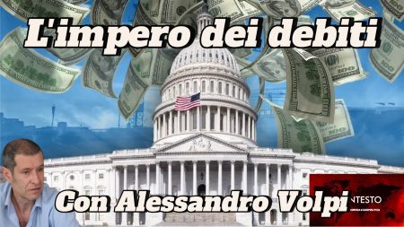 Il Campidoglio degli Stati Uniti con banconote da un dollaro galleggianti, una bandiera americana, la foto di Alessandro Volpi; in sovrapposizione il testo italiano sui beni russi.