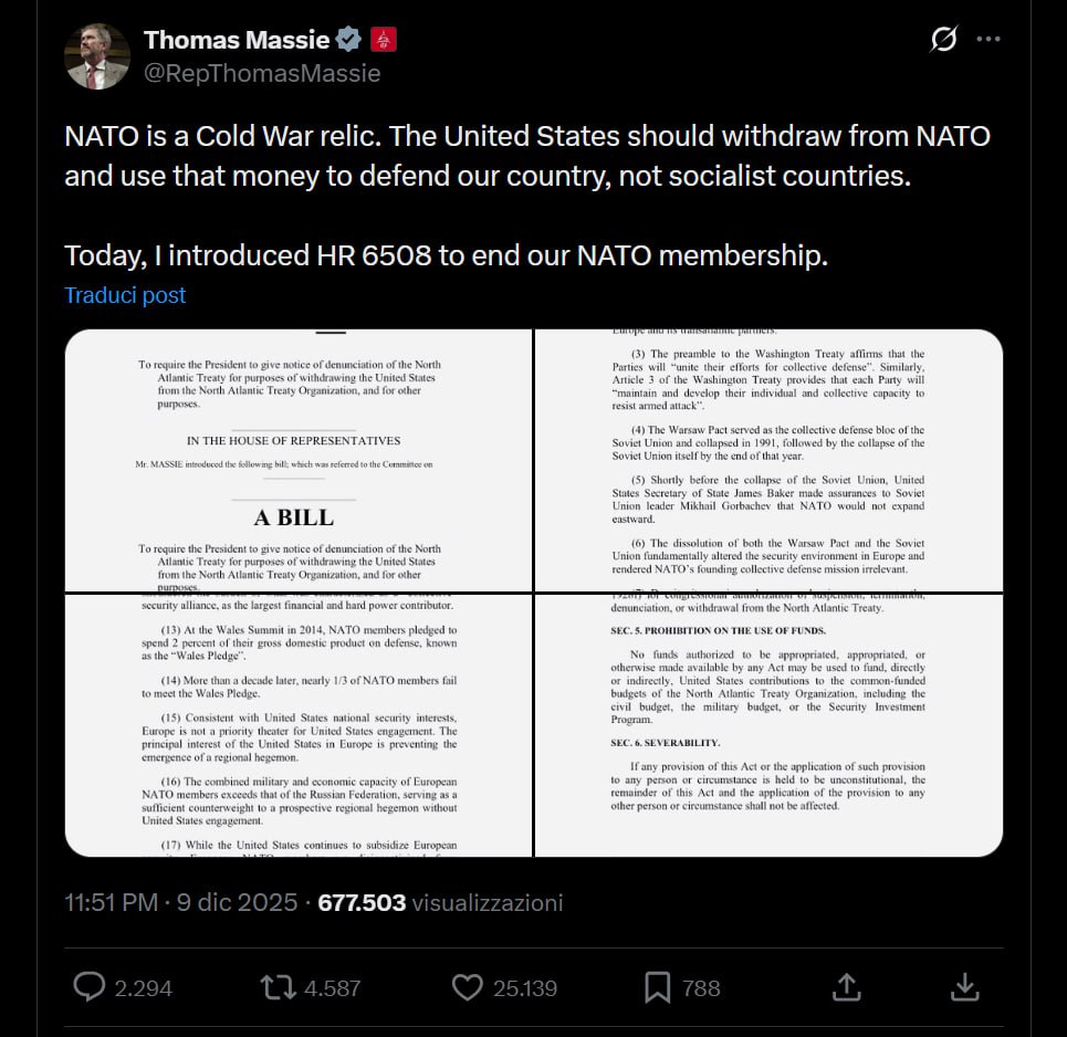 Il deputato Massie: gli Stati Uniti fuori dalla Nato 1 Il deputato del Kentucky Thomas Massie presenta il disegno di leggeche preve l'uscita degli Stati Uniti dalla Nato.