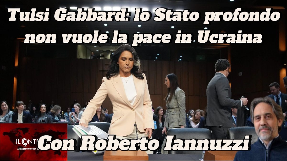 Tulsi Gabbard in piedi in una sala conferenze con persone sedute; Witkoff e Roberto Iannuzzi discutono di Ucraina in un testo italiano.